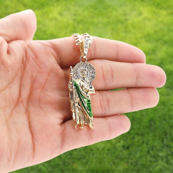 Gold Plated Green Saint Jude Pendant Necklace Figaro 24" San Judas Tadeo Medalla - Picture 5 of 7